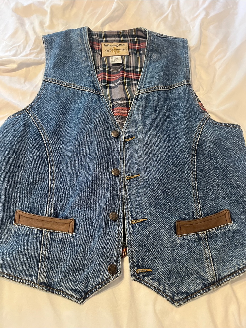 Wrangler Blue Denim Vest with Brown Trim and Plaid Lining